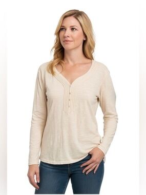 Kuhl Vega Long Sleeve Henley Red Raw Edge V-Neck Travel Organic Slub Jersey L